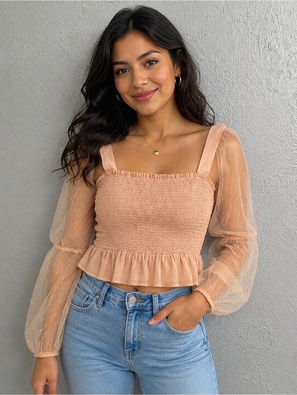 Arula Smocked Peplum Top with Sheer Mesh Sleeves boho Fairycore 2X